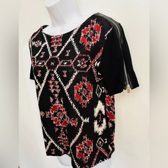 SANDRO PARIS Office Siren Blouse Sz2 US M Cowhide Leather Zip Sleeve Geometric - Picture 3 of 13